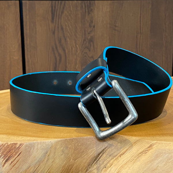 Black belt with Turquoise painted edge and antique nickel plated buckle