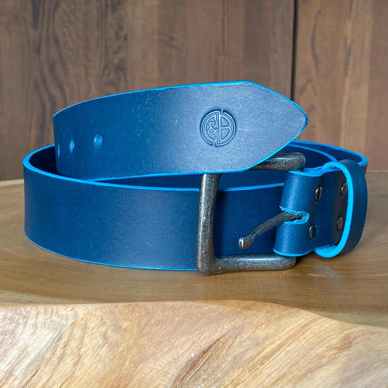Belt in Petrol Blue with turquoise painted edge and antique nickel buckle