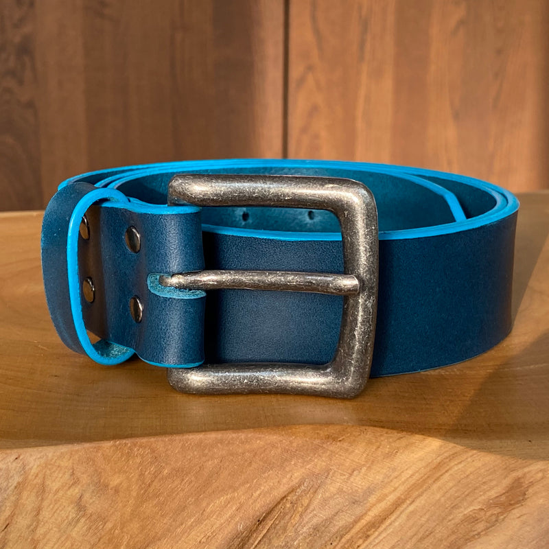 Belt in Petrol Blue with turquoise painted edge and antique nickel buckle