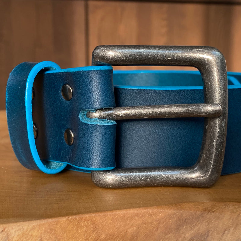Belt in Petrol Blue with turquoise painted edge and antique nickel buckle