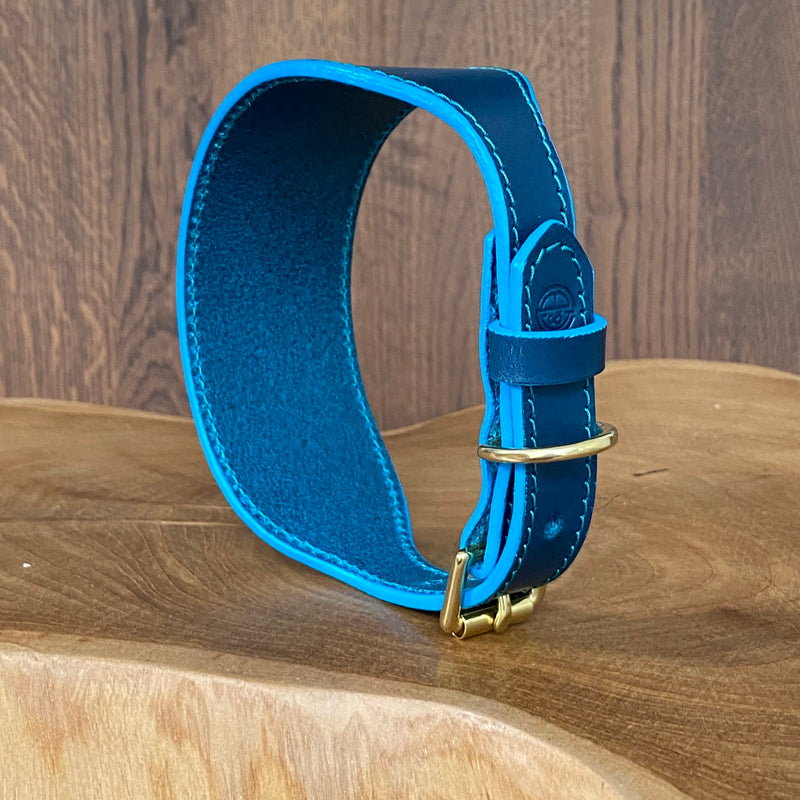 Sighthound Collar in Petrol Blue with Turquoise stitch and edge