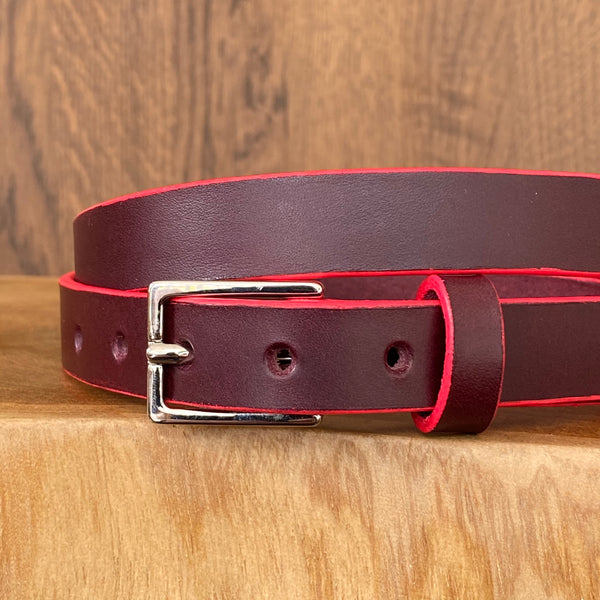 Belt in Burgundy with Pink painted edge and nickel plated buckle