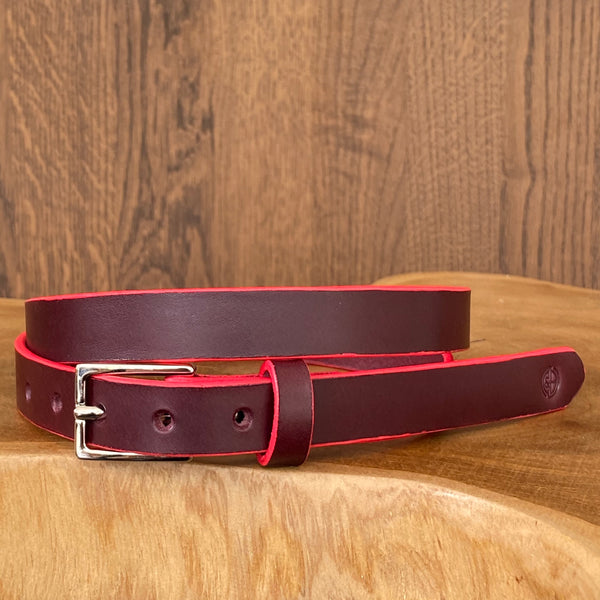 Belt in Burgundy with Pink painted edge and nickel plated buckle