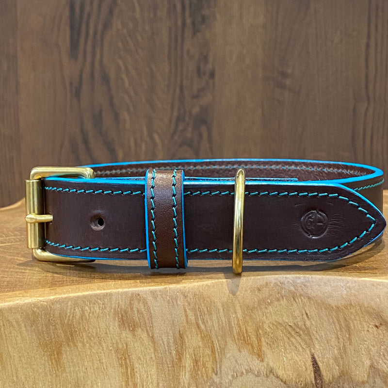 Turquoise edge Painted & stitched Coco Classic Collar in Foresta Brown