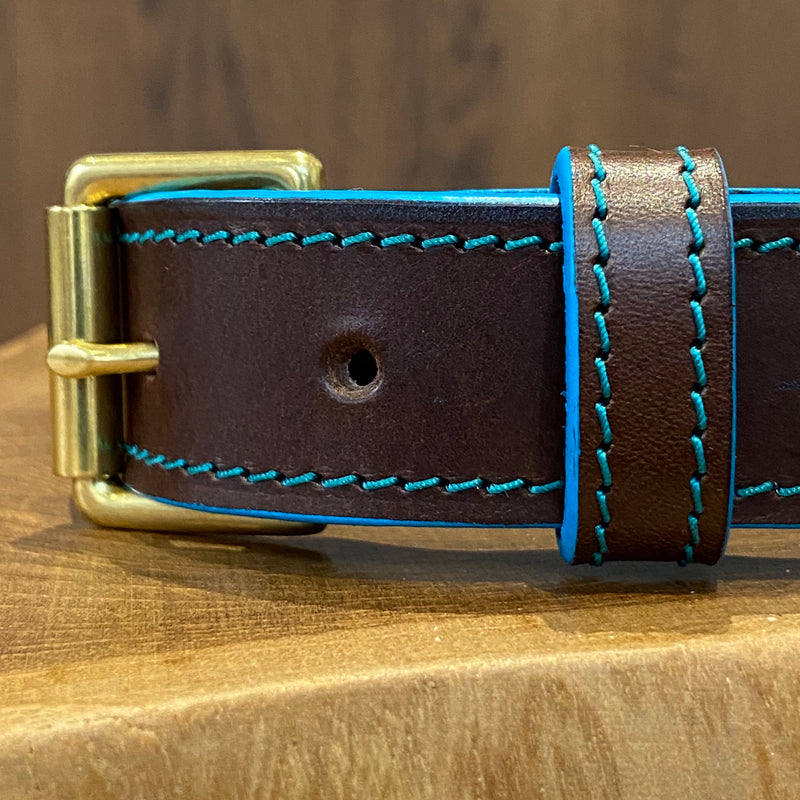 Turquoise edge Painted & stitched Coco Classic Collar in Foresta Brown