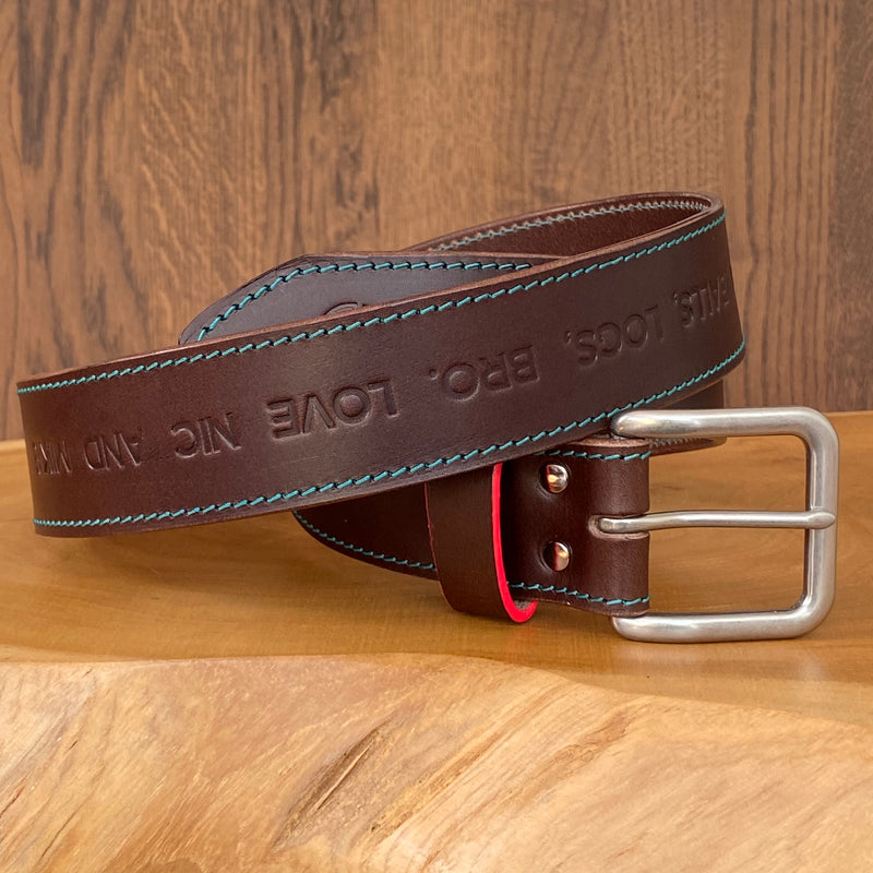 Belt in Foresta Brown with Turquoise stitch, Pink painted loop and antique Nickel buckle