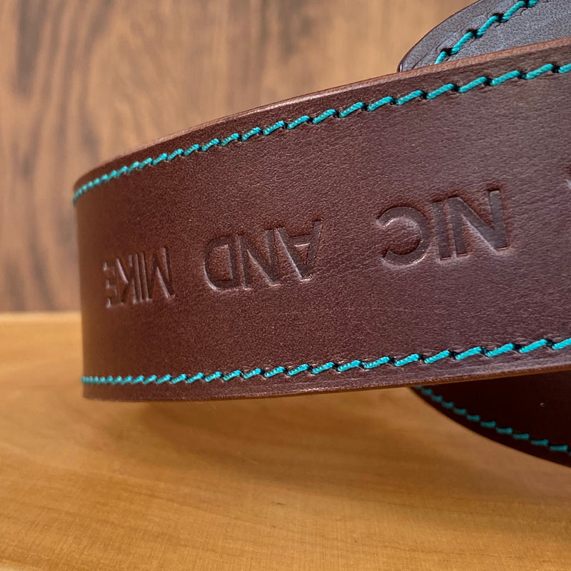 Belt in Foresta Brown with Turquoise stitch, Pink painted loop and antique Nickel buckle