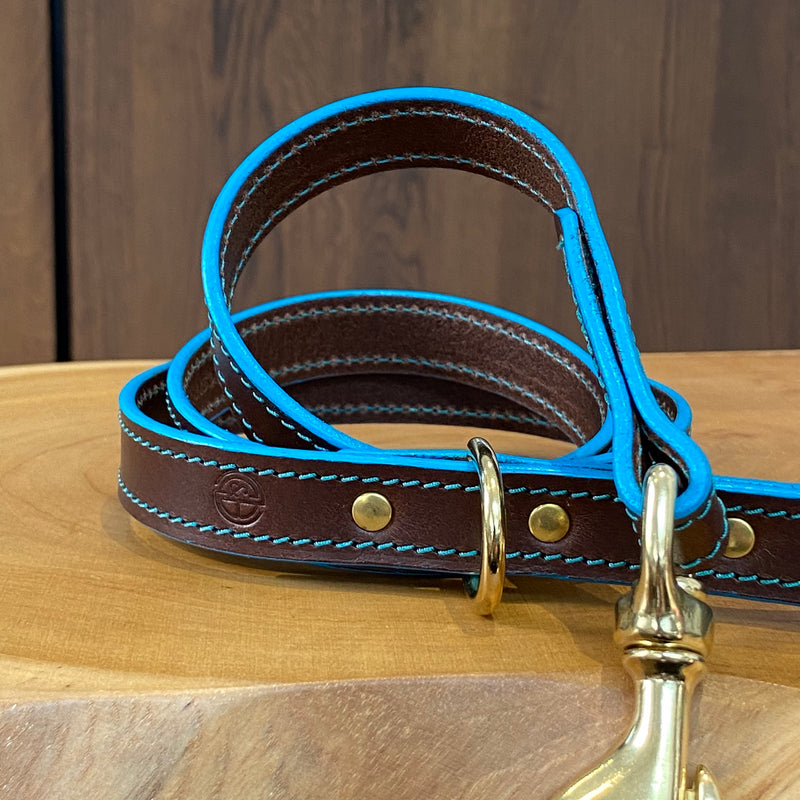 Coco Classic Lead in Foresta Brown with Turquoise stitch & edge