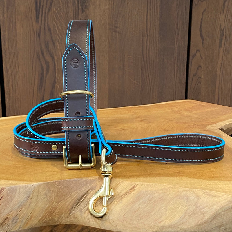 Coco Classic Lead in Foresta Brown with Turquoise stitch & edge