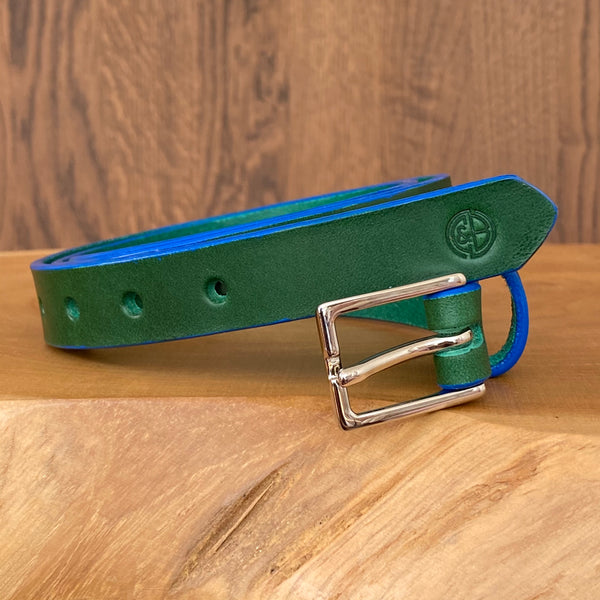 Belt in Green with Navy painted edge and nickel plated buckle, 20mm