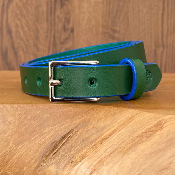 Belt in Green with Navy painted edge and nickel plated buckle, 20mm