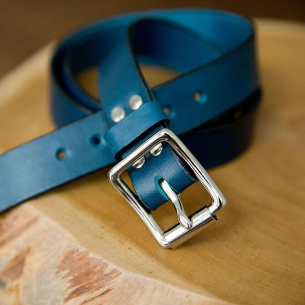 Belt in Petrol Blue with black painted edge and nickel plated buckle