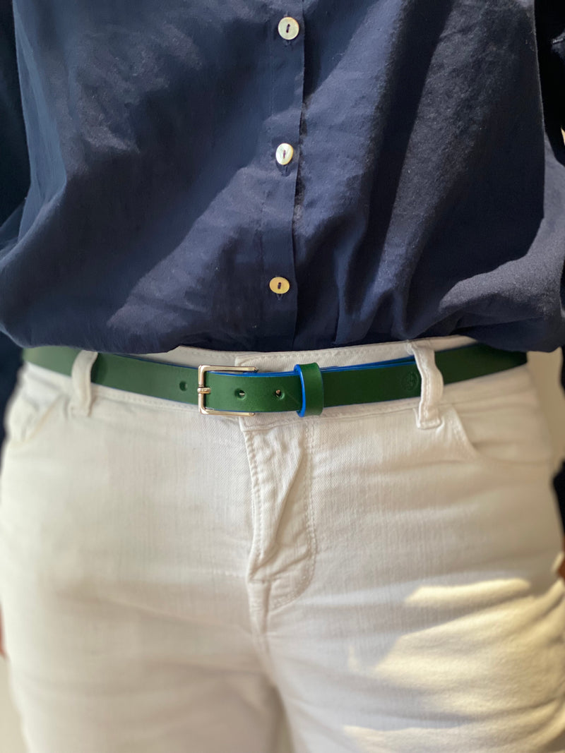 Belt in Green with Navy painted edge and nickel plated buckle, 20mm