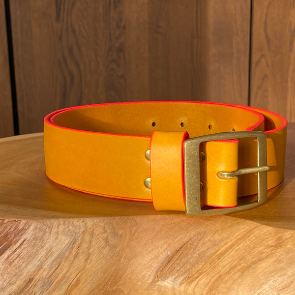 Belt in Mustard Yellow with pink painted edge and antique brass buckle