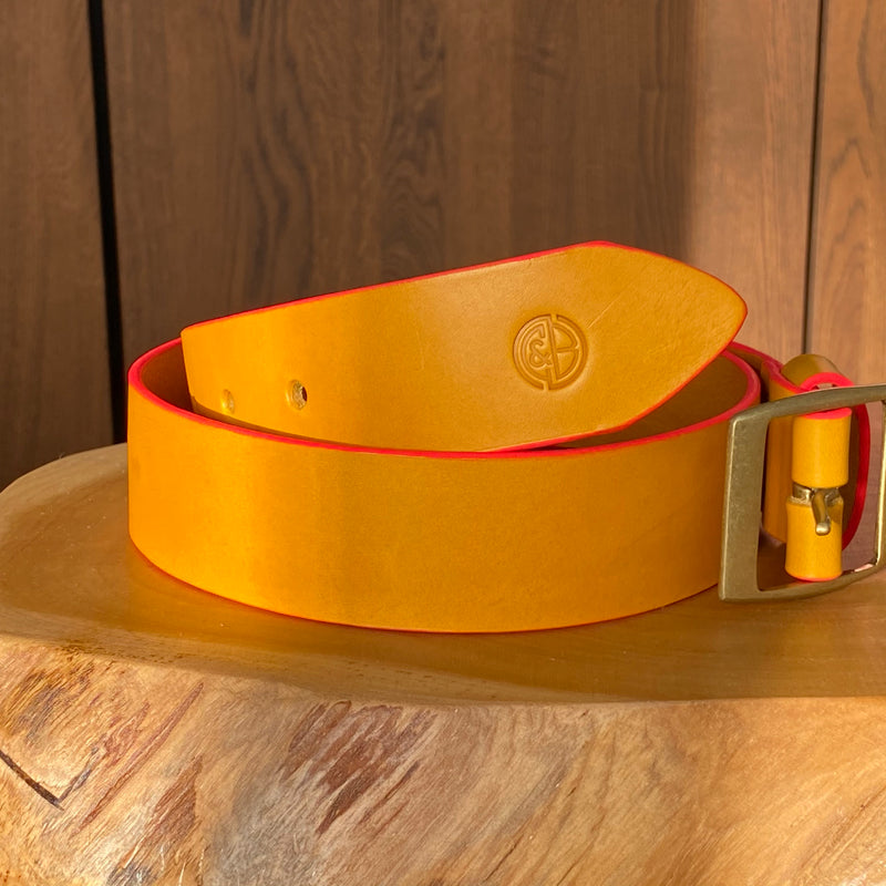 Belt in Mustard Yellow with pink painted edge and antique brass buckle