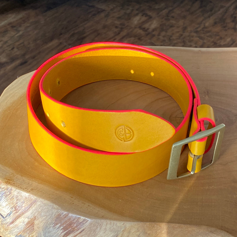 Belt in Mustard Yellow with pink painted edge and antique brass buckle