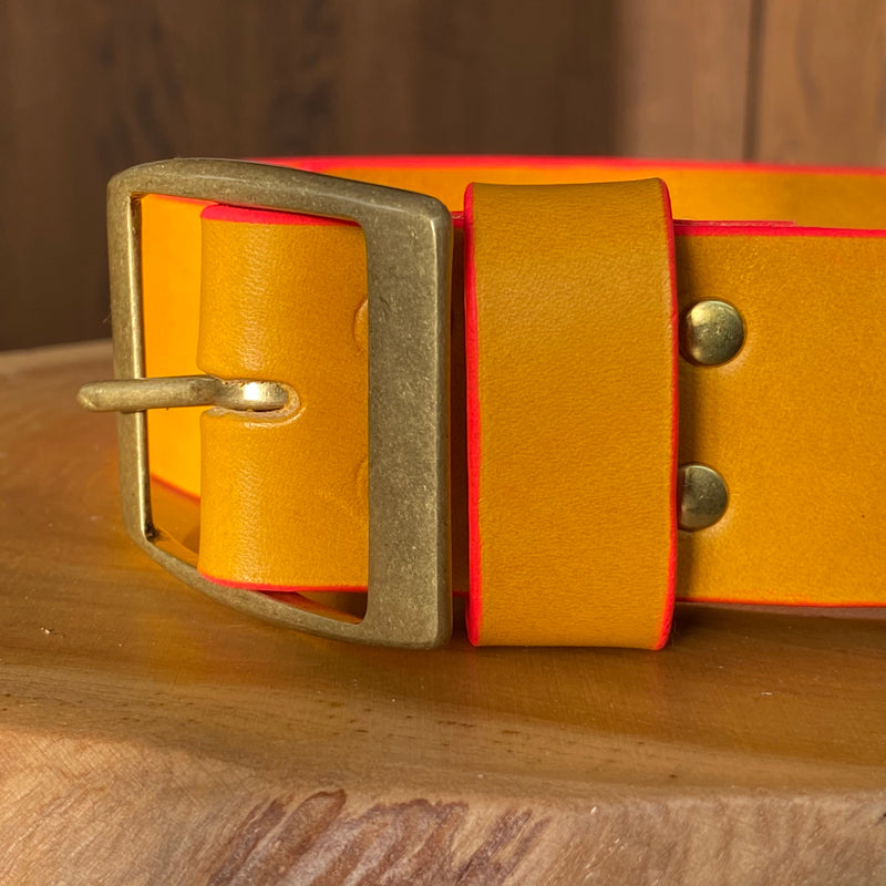 Belt in Mustard Yellow with pink painted edge and antique brass buckle