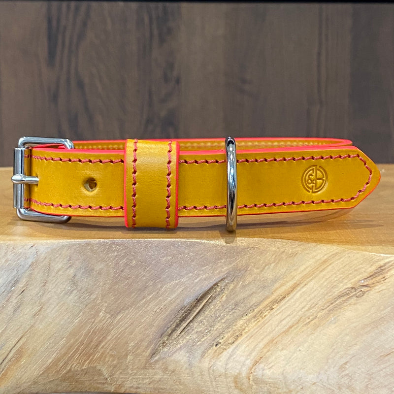 Hand Stitched Coco Classic Collar in Mustard Yellow, pink painted edge & Red stitch