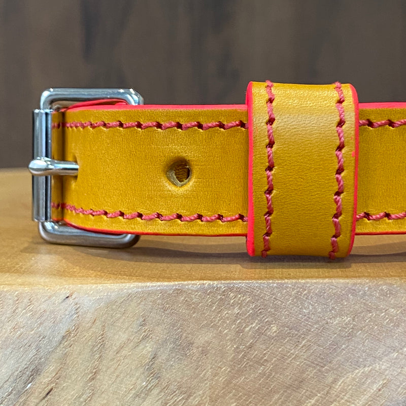 Hand Stitched Coco Classic Collar in Mustard Yellow, pink painted edge & Red stitch
