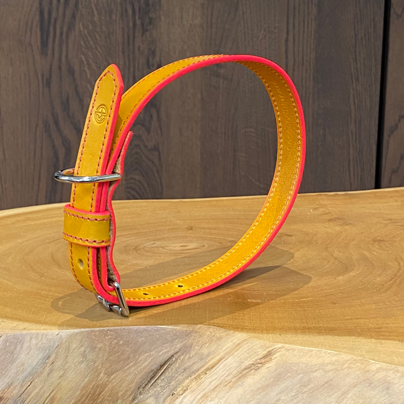 Hand Stitched Coco Classic Collar in Mustard Yellow, pink painted edge & Red stitch