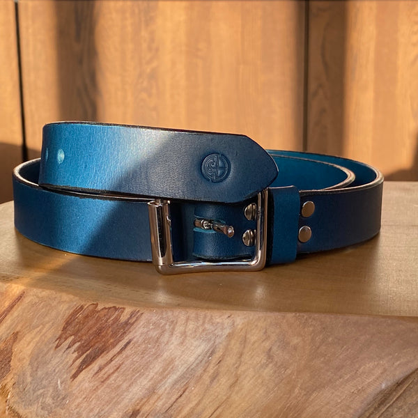 Belt in Petrol Blue with black painted edge and nickel plated buckle