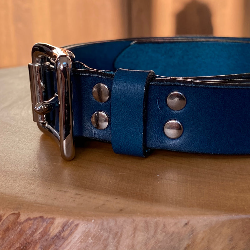 Belt in Petrol Blue with black painted edge and nickel plated buckle