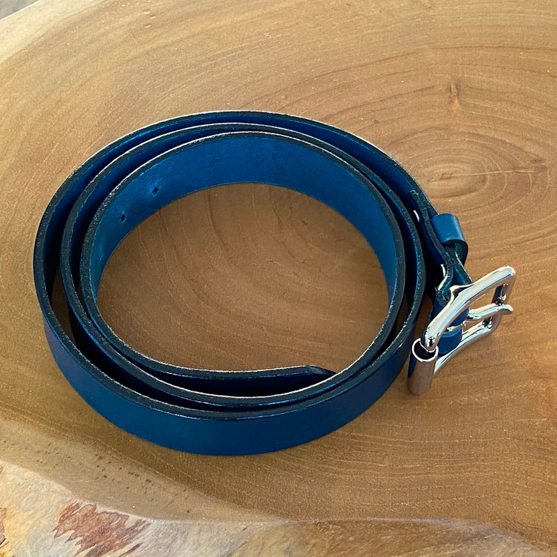 Belt in Petrol Blue with black painted edge and nickel plated buckle